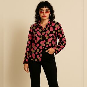 Jaipur Women’s Size Large Button Front Blouse Black Pink Green Polka Dot Slit...